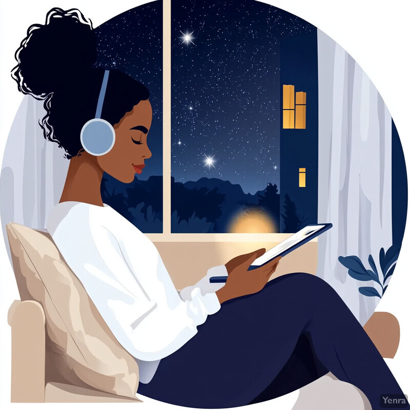 A woman sits on a couch, engrossed in her book and enjoying music, with a stunning night sky view through the window.