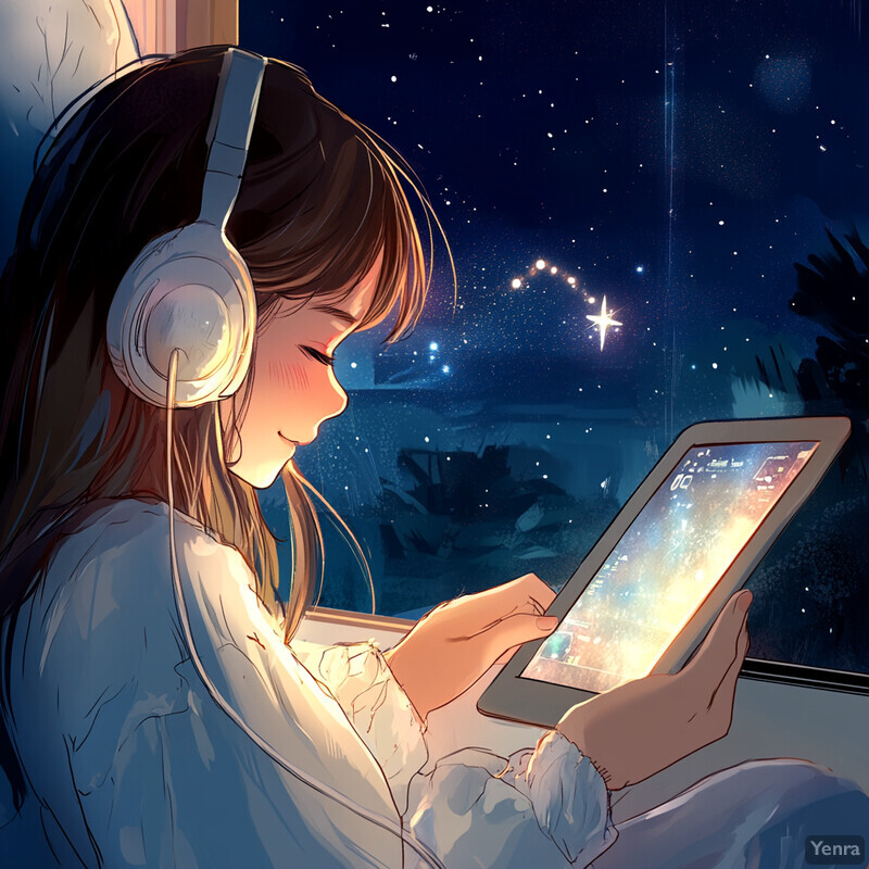 A young girl is engrossed in her tablet and wearing headphones while sitting comfortably in bed.