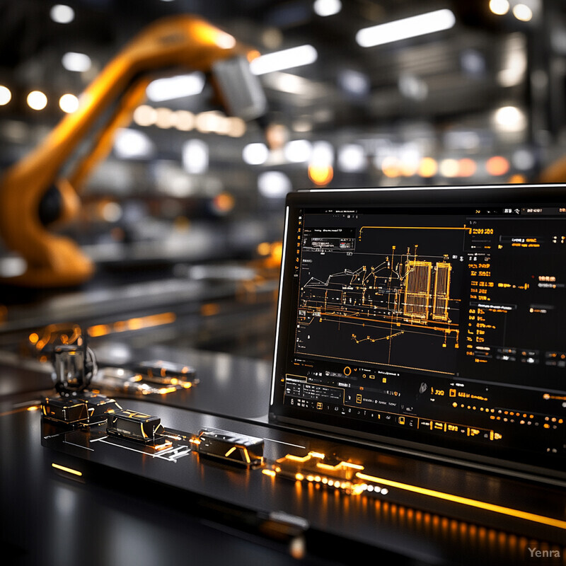 An industrial setting with a machine or robot arm in the background and computer screens displaying graphs and charts.