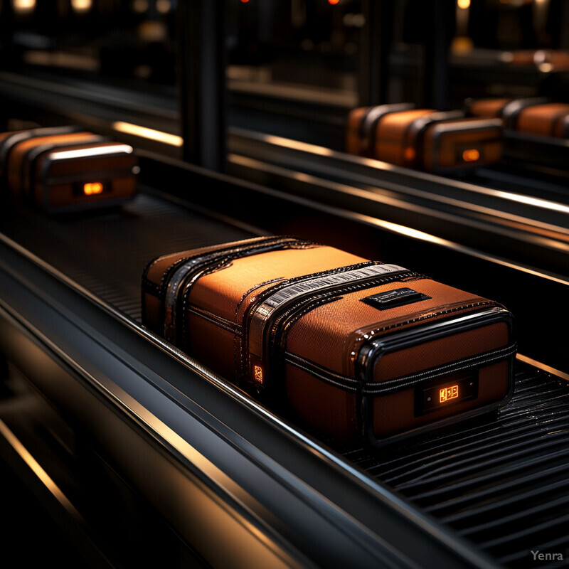 A row of brown suitcases on an automated baggage claim system in an airport.