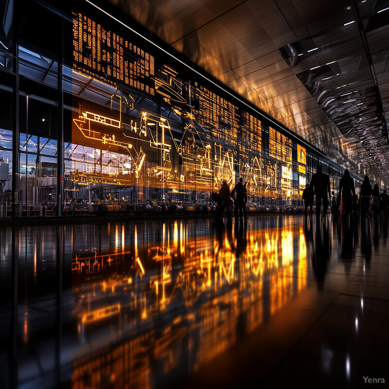 An airport terminal with a large electronic display screen and people walking around.