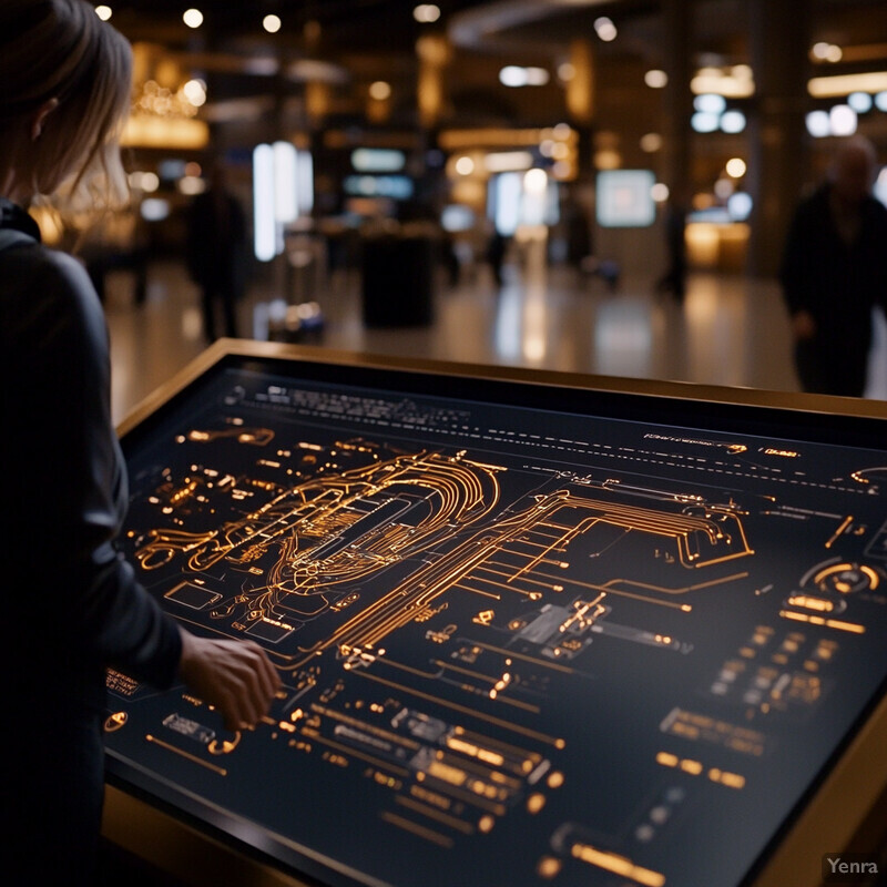 A woman interacts with an interactive screen in a public area.