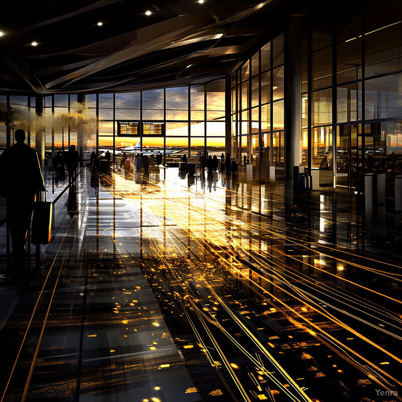 A man walks through an airport terminal at sunrise or sunset, with large windows offering a view of the sky and clouds outside.