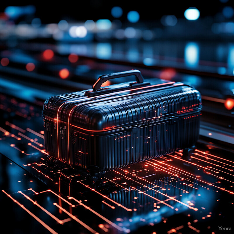 A black suitcase with red accents sits on a surface covered in red lines and dots, possibly a circuit board or digital interface.