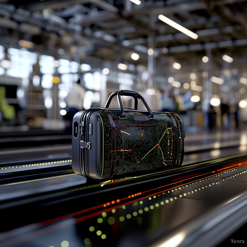 A black suitcase with a unique constellation design is placed in an indoor setting, possibly at an airport or train station.