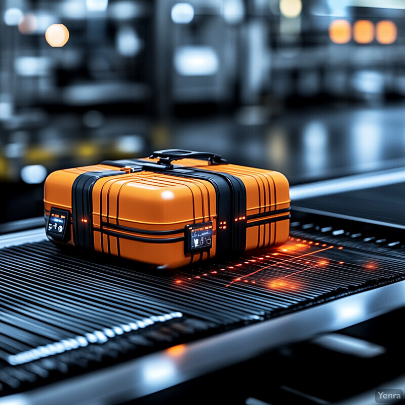 An orange and black suitcase on a conveyor belt in an airport baggage claim area.