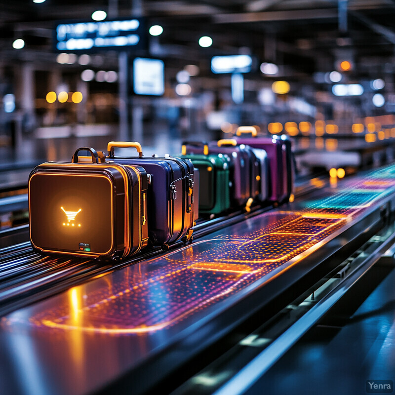 A conveyor belt system in an industrial setting with suitcases and other objects being transported.