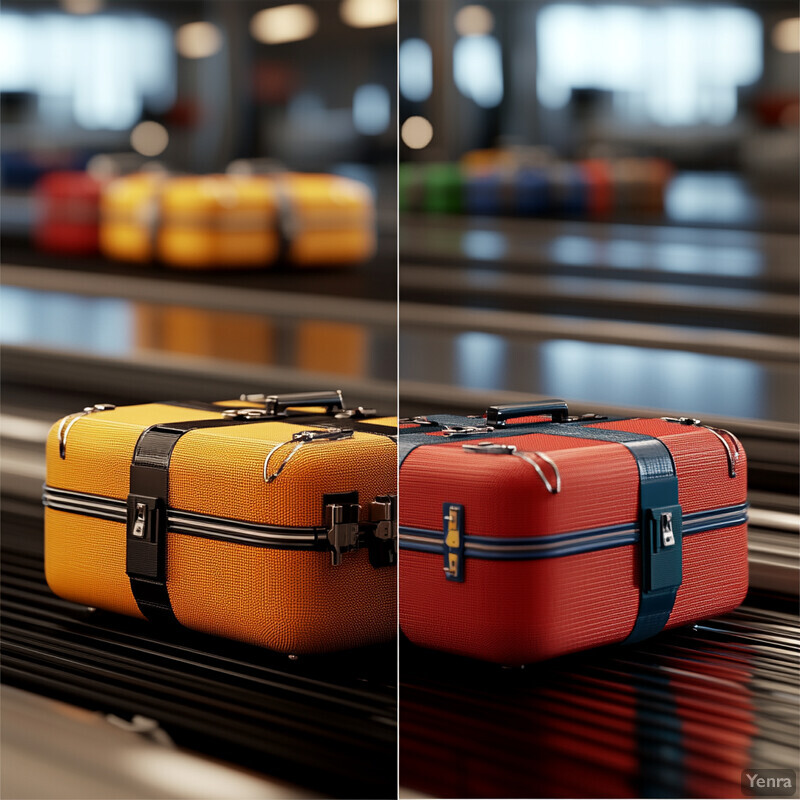 Two suitcases sitting on a conveyor belt in an airport baggage claim area.