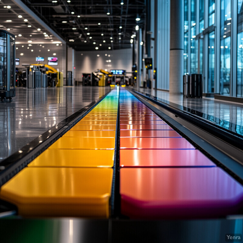 A modern airport baggage claim area with luggage carts, suitcases, and a screen displaying flight information.