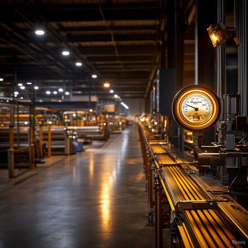 An industrial setting with rows of metal beams and pipes, large machines, concrete walls, and fluorescent lights.