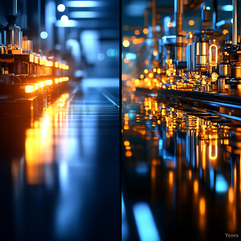 A dimly lit industrial scene with rows of cylindrical objects on metal racks or shelves, illuminated by blue and orange lights.