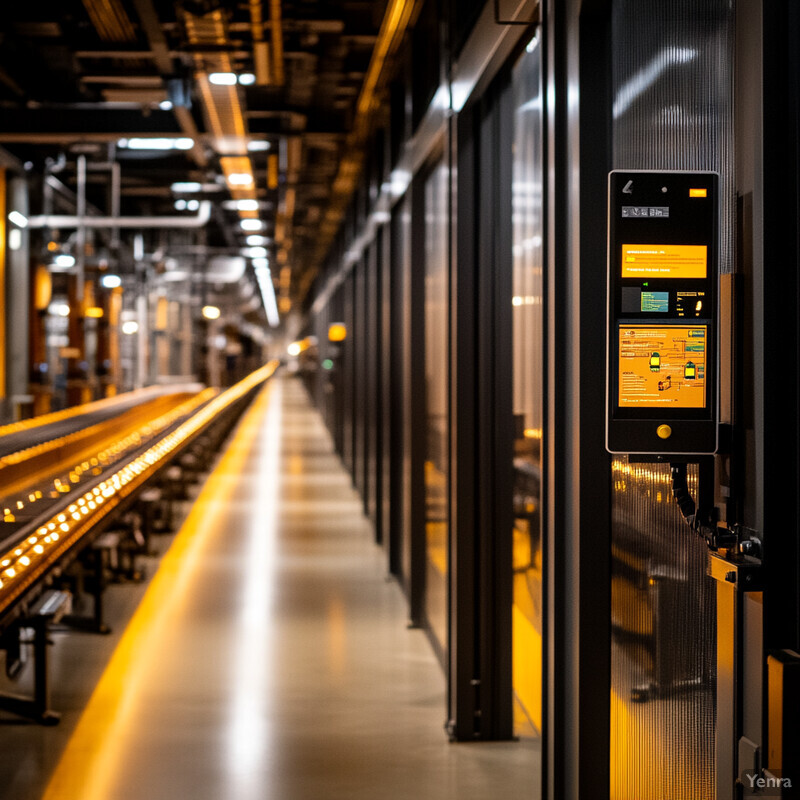 A long, narrow corridor with black walls and yellow accents, featuring a large industrial machine at the far end.