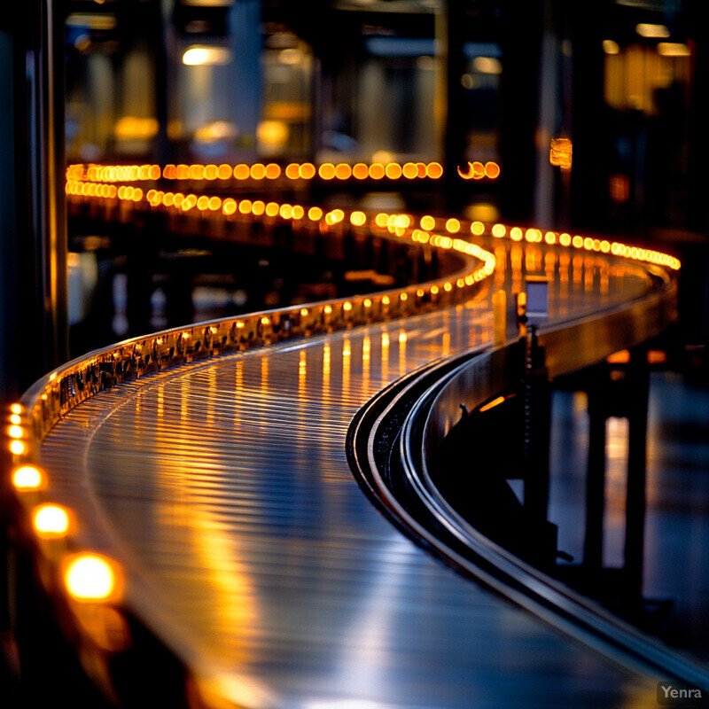 A winding conveyor belt illuminated by rows of yellow and orange lights.