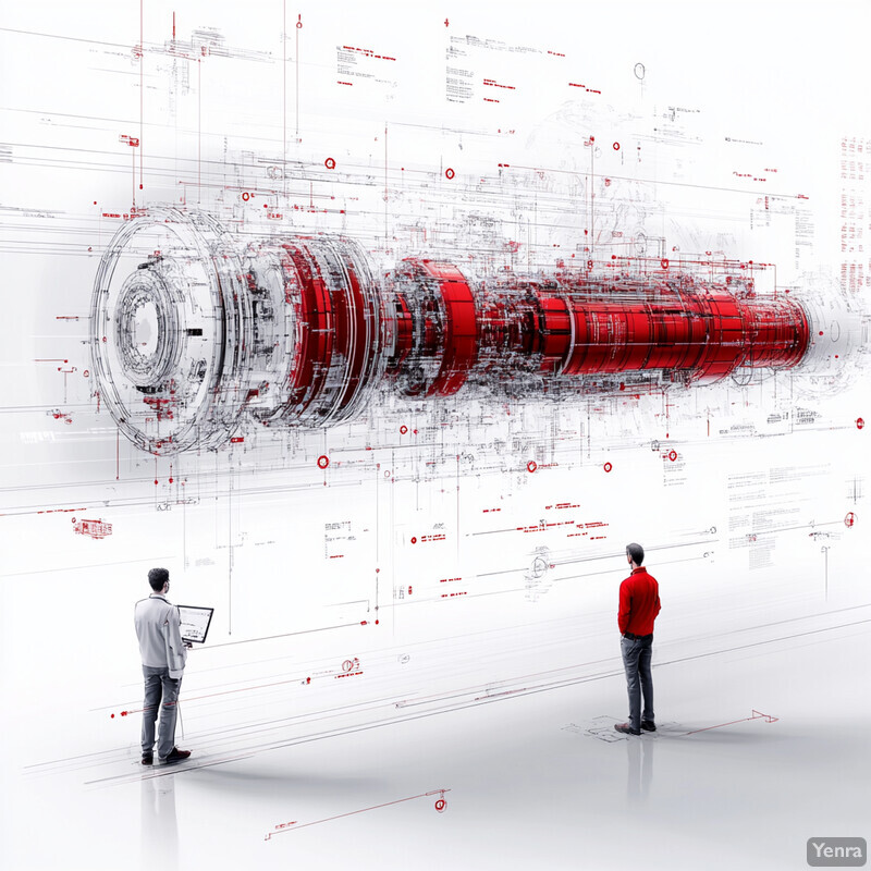 Two men inspecting a large red industrial equipment in an industrial setting.