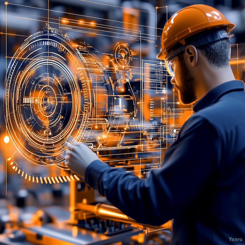 A man in a hard hat is analyzing a complex diagram on a screen.