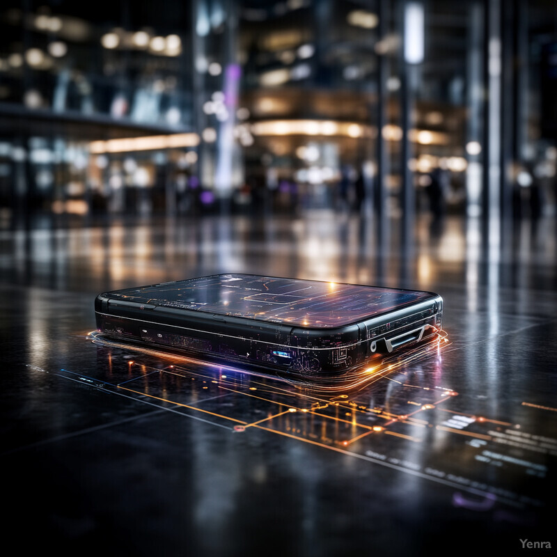 A smartphone with a black case and vibrant, glowing screen is positioned in the center of an image that resembles a city street or plaza at night.