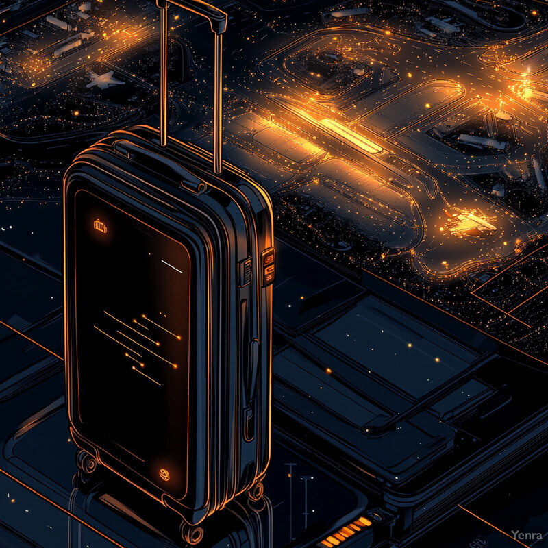 An illustration of a black suitcase against a city street at night, with orange highlights adding depth and dimensionality.