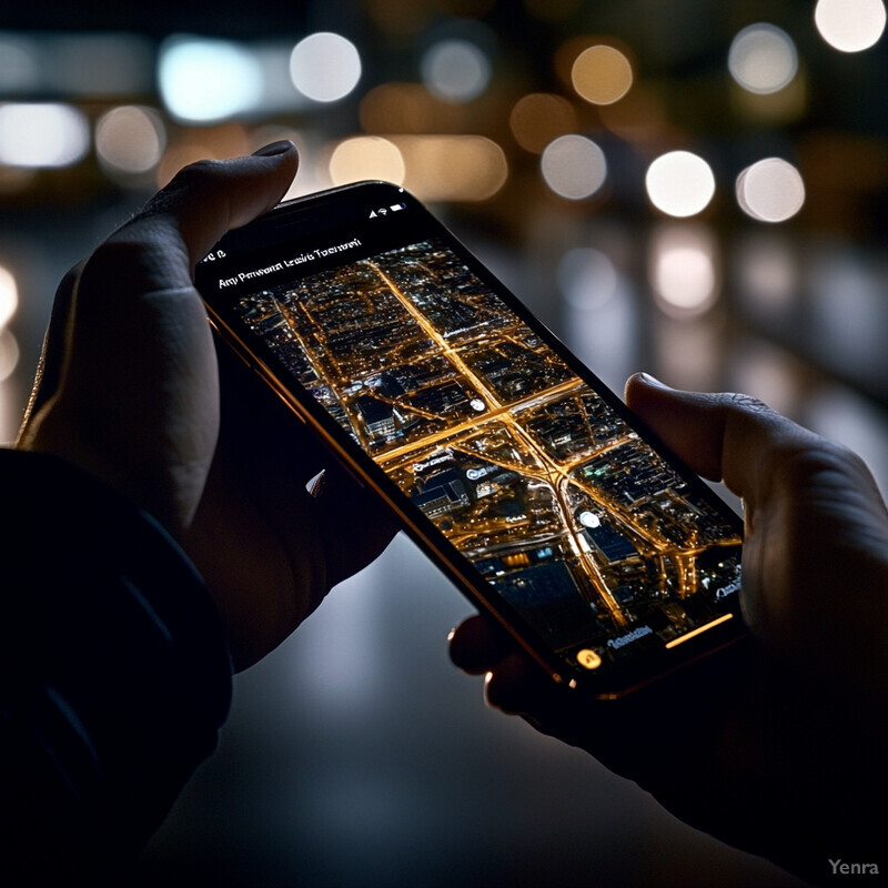 A person using their smartphone to navigate through an urban area at night.