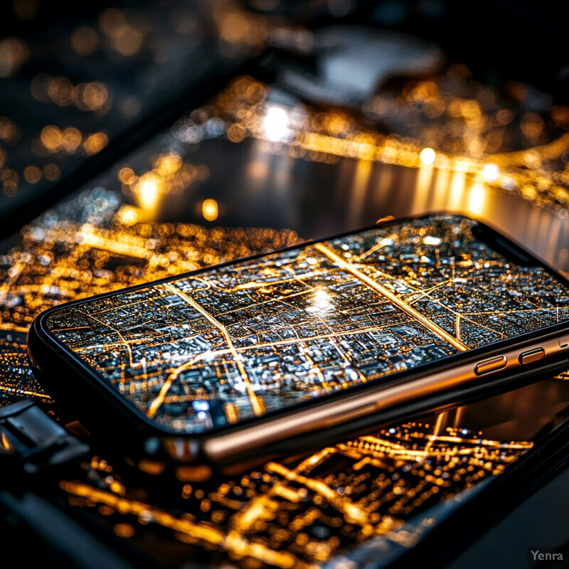 Smartphone on top of a city plan, set against a dark background.