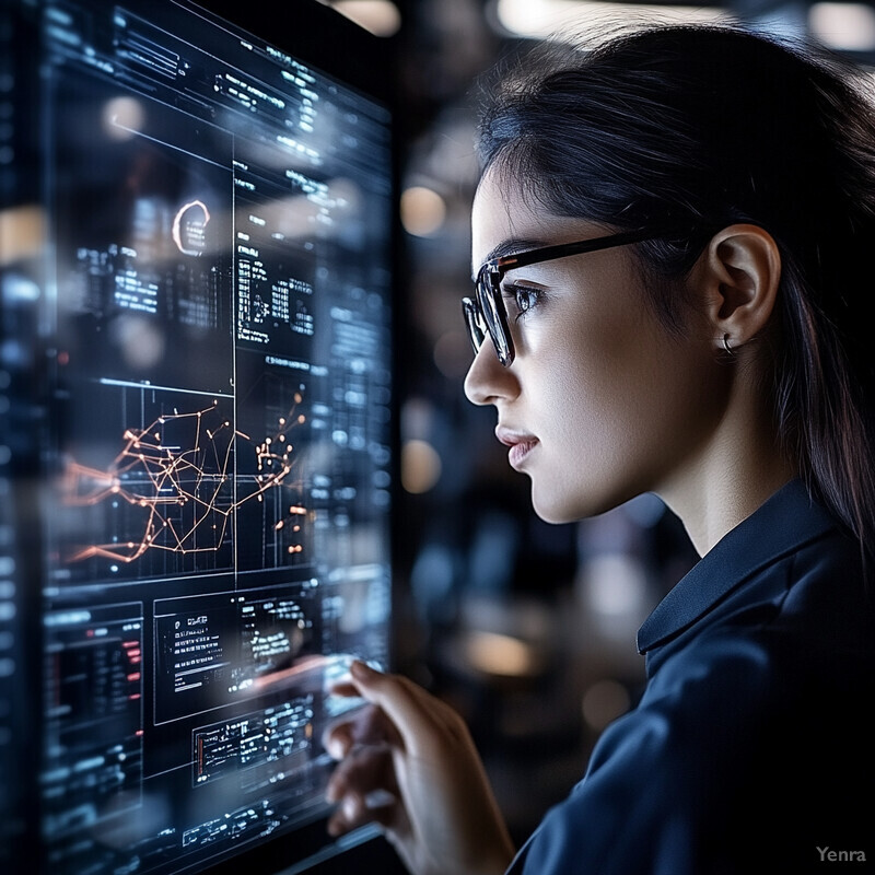 A woman is intently examining a large screen displaying various graphs and charts.