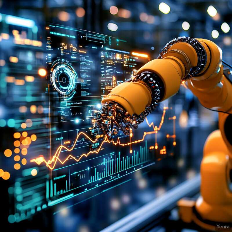 A robotic arm is positioned in front of a large screen displaying various graphs and charts.