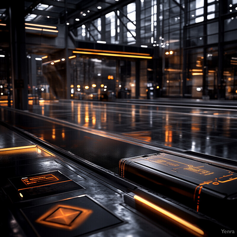 An empty airport terminal with a long, dark-colored walkway and orange lights.