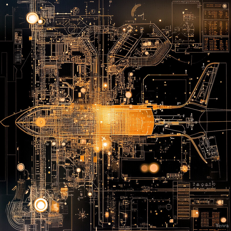 A detailed blueprint of an airplane showcasing its internal components and systems.