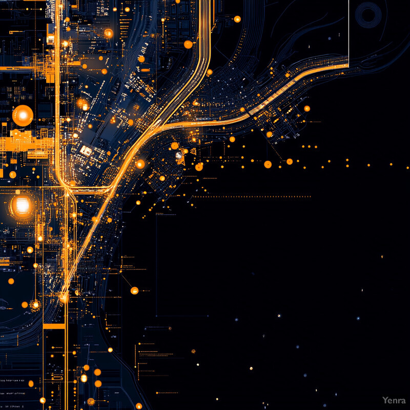 An abstract representation of a cityscape at night, with various elements and features depicted in shades of blue and orange.