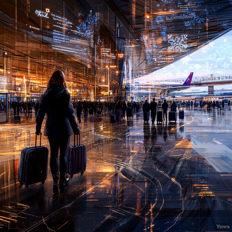 A woman is walking through an airport terminal during peak travel hours, pulling two suitcases behind her.