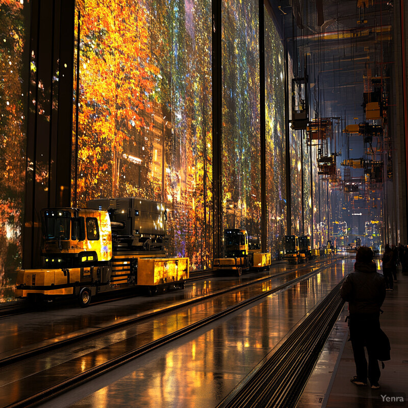 A large room with screens displaying nature images and yellow machines parked along the walkway.