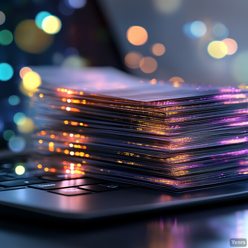 A stack of papers sits on top of a laptop keyboard in an office or workspace setting.