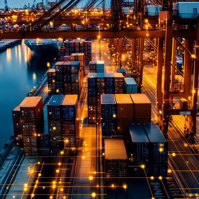 An Automated Crane Operations and Scheduling system in a busy port area, with cranes lifting heavy containers filled with goods.