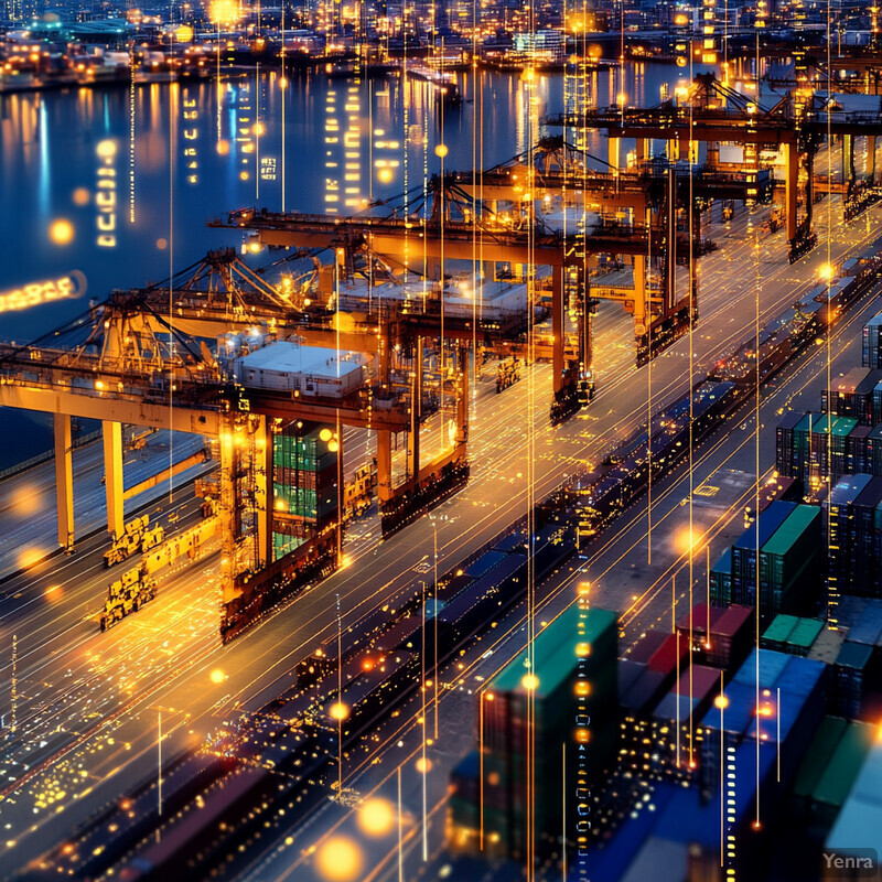 A busy port area at night, with multiple cranes and shipping containers visible.