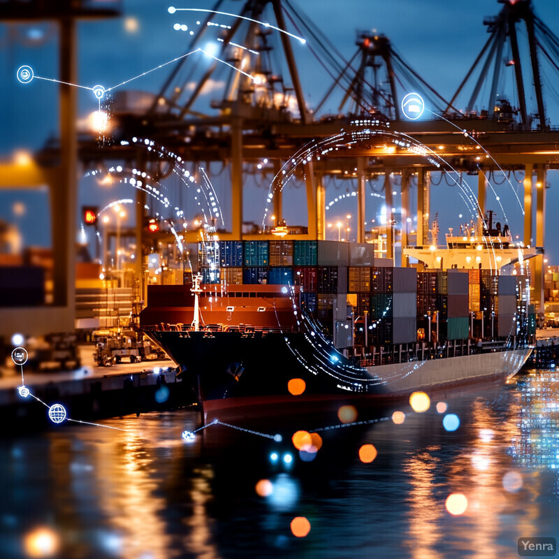 A nighttime scene of a shipping yard with multiple cranes and stacked containers.