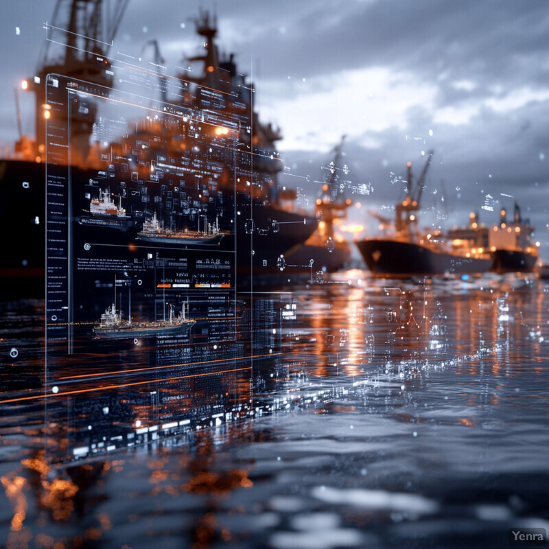 An industrial setting with multiple ships docked along the shore.