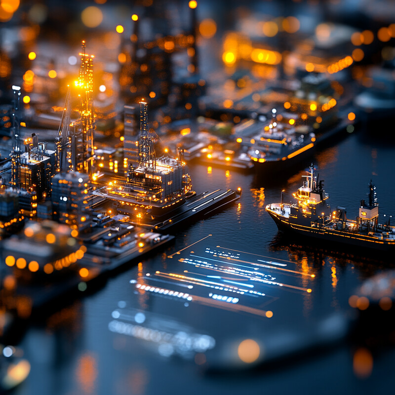 A bustling harbor at night, with numerous ships and boats docked along the waterfront.