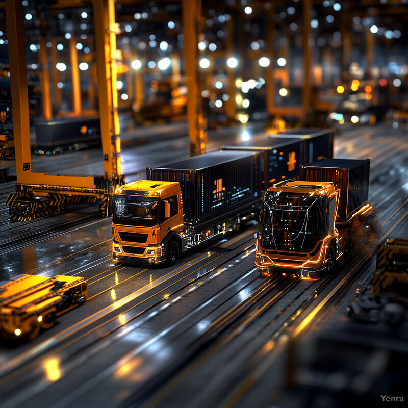 A nighttime scene within a warehouse or logistics facility showing two large trucks navigating through rows of containers and pallets.