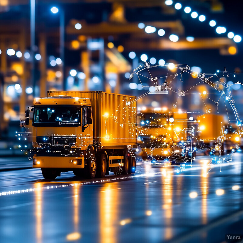 A large yellow truck drives on a road at night.