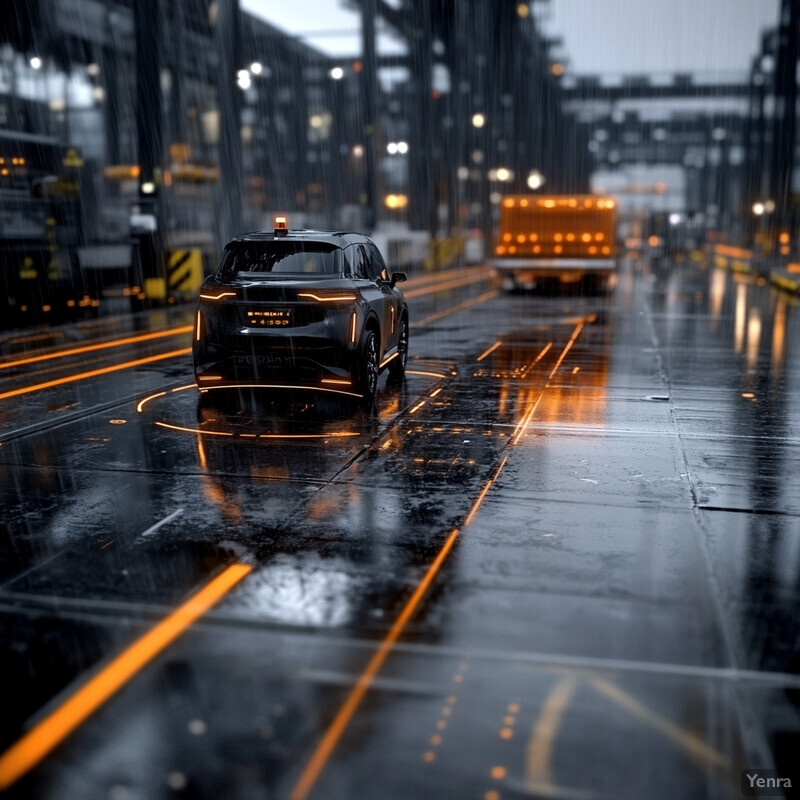 A futuristic scene of self-driving cars navigating through a rainy city street.