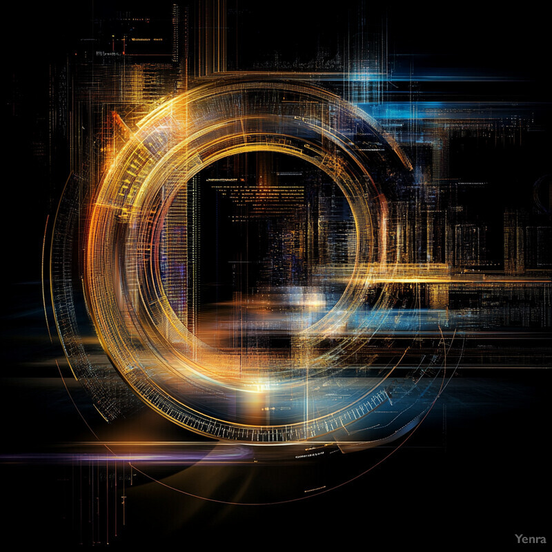 A futuristic representation of continuous learning and self-optimization, featuring intricate lines and shapes in orange and blue hues against a black background.