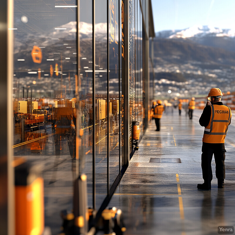 A busy warehouse scene with workers moving around and stacks of boxes and crates.