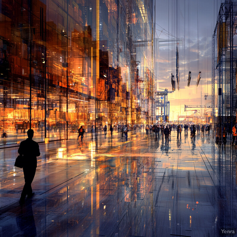 A bustling city street at sunset, with people walking in both directions and modern buildings reflecting the warm glow of the setting sun.