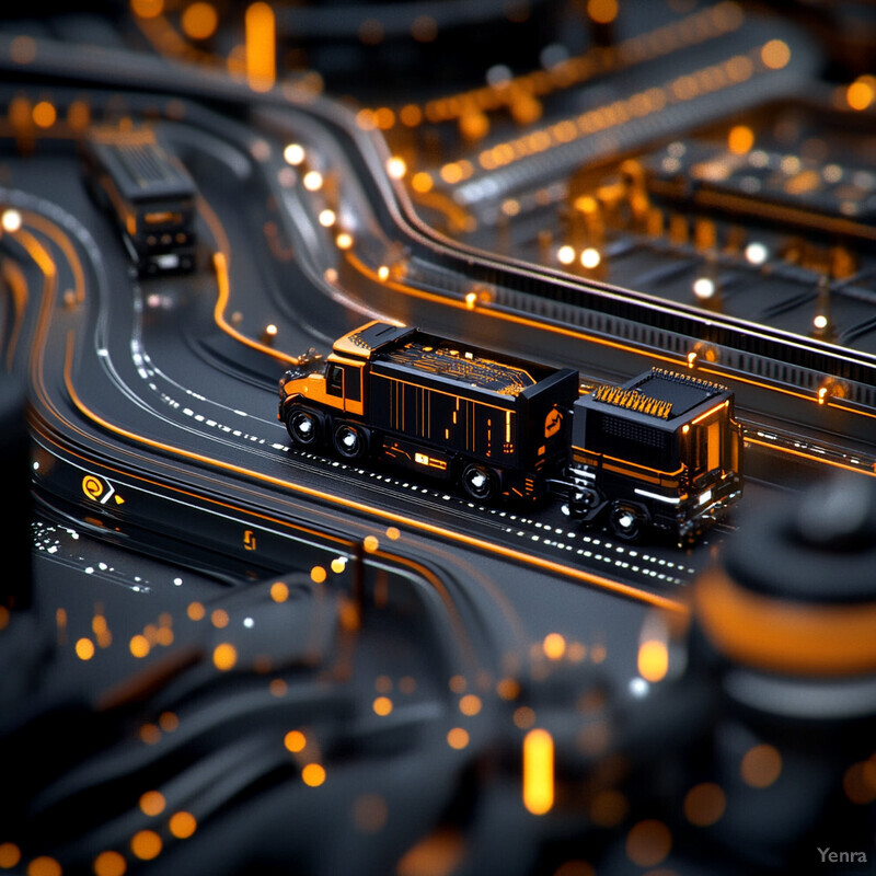 A dynamic and detailed 3D rendering of a network of roads and highways at night, featuring trucks and other vehicles navigating through the scene.