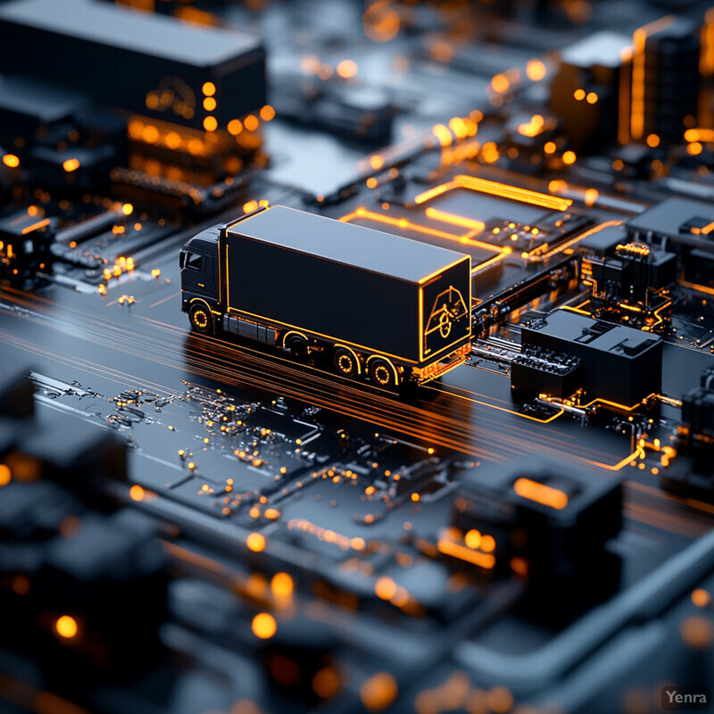 A futuristic representation of dynamic truck dispatching and routing, featuring a high-tech truck surrounded by advanced technology.