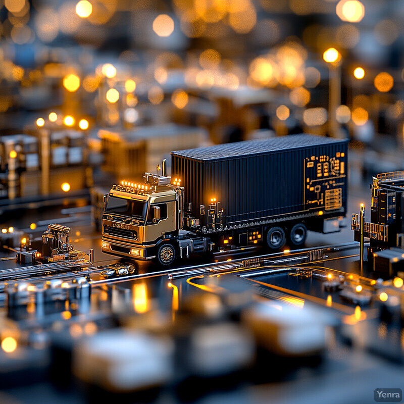 A miniature truck is parked in a model city.