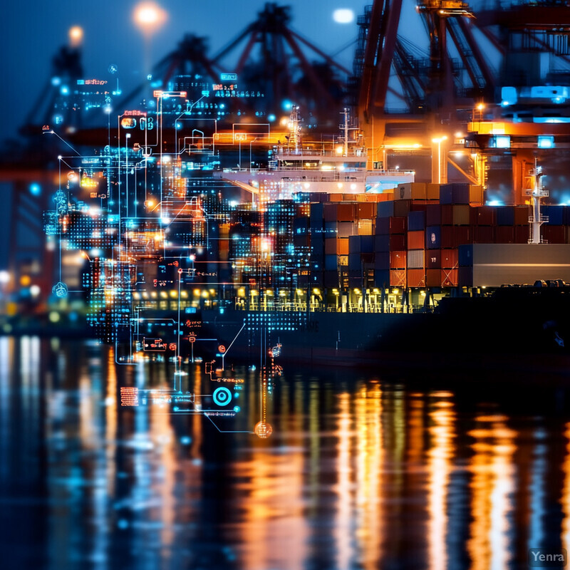 A busy harbor scene with shipping containers stacked high and a large ship unloading cargo.