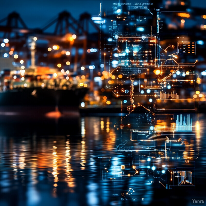 A nighttime cityscape with various illuminated buildings and structures.