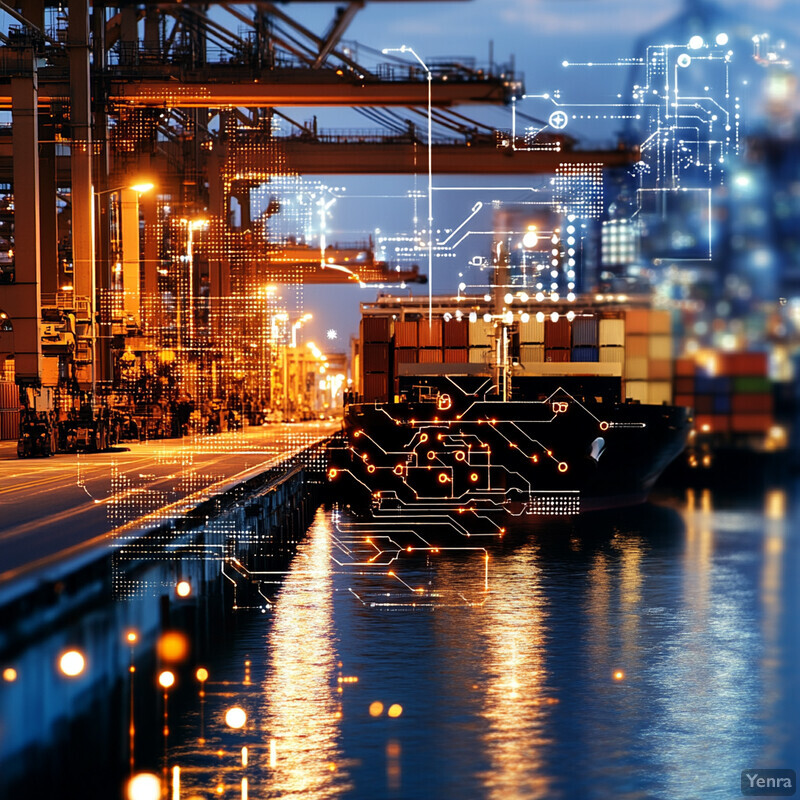 A bustling port area at night, with cargo ships and cranes visible in the background.