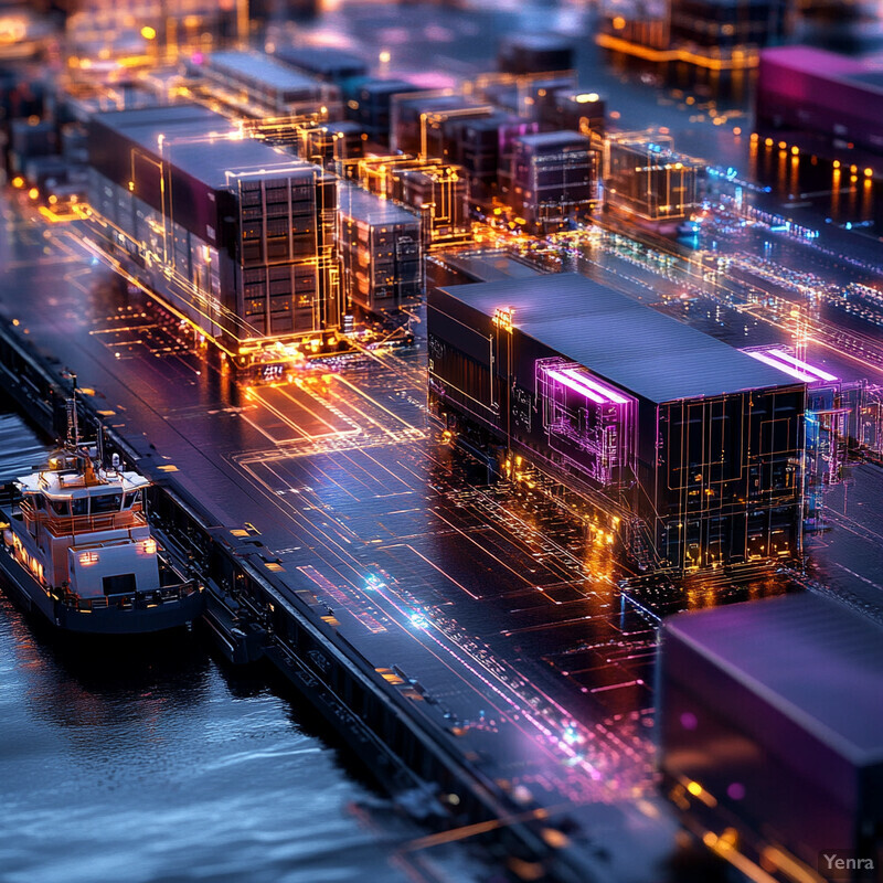 An aerial view of a harbor at night with several ships docked and lit up by neon lights.