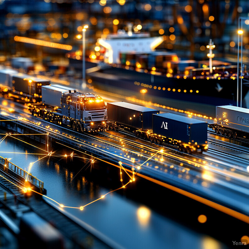 A busy shipping port at night, with cargo containers and ships being loaded/unloaded.